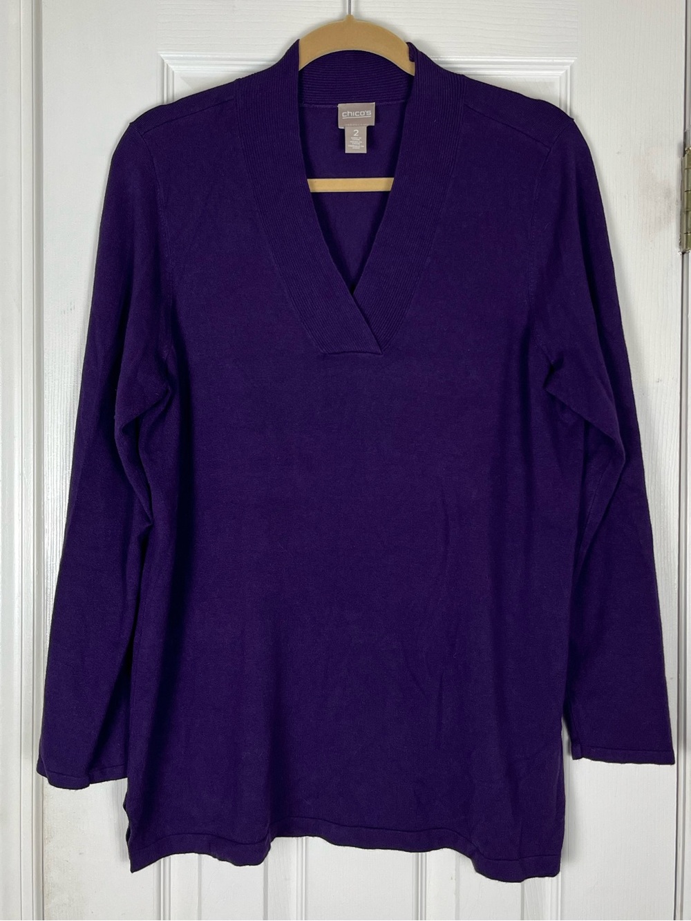 Chico’s Purple Tunic Knit Rayon Nylon Lightweight Sweater Sz 2 / L/12 V-Neck
